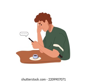 Hombre con teléfono móvil escribiendo mensajes en línea mientras toma café. Un infeliz tipo desconcertado sentado en la mesa, mirando el smartphone, enviando mensajes de texto a sms. Dibujo vectorial plano de color aislado en fondo blanco