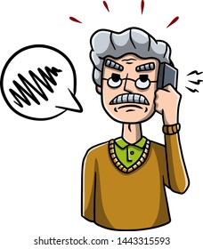 Man with mobile phone. Unpleasant conversation. Angry guy with a modern device. Bad SMS and talking problems. Cartoon hand drawn sketch illustration. Bubble for text