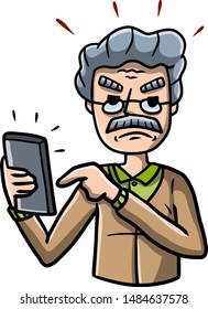Man with mobile phone. Unpleasant conversation. Angry guy with a modern device. Talking problems. Cartoon hand drawn sketch illustration. 