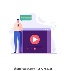 Mann mit Handy mit und beobachten Streaming-Service mit Klapper. Streaming-Kino-Konzept. Konzept der Video-Marketing, Online-Kino. Vektorillustration-Illustration für UI, Web-Banner, mobile App