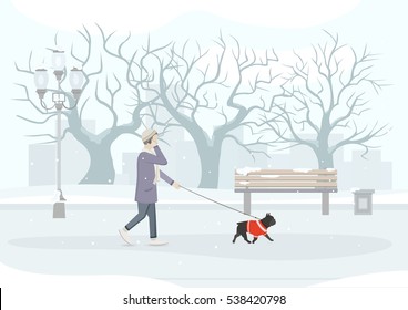 Man with mobile phone, walking her dog (French Bulldog) in park. Snow covered park and city view. Vector Illustration.