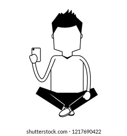 man with mobile sitting character