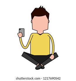 man with mobile sitting character