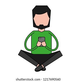 man with mobile sitting character
