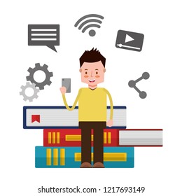man with mobile sitting on books social media