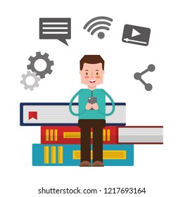 man with mobile sitting on books social media