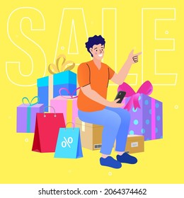 Man with mobile sitting on box among colorful shopping bags and gift box. making online shopping. Sale poster. Promo Christmas, New Year banner. vector illustration