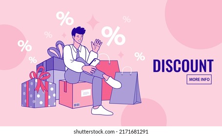 man with mobile sitting on box among colorful shopping bags and gift box. making online shopping. Sale poster. Promo Christmas, New Year banner. Special offer. vector illustration.