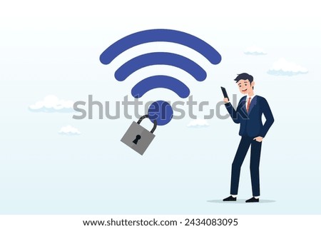 Man mobile user connect to wifi network with padlock encryption, Wifi encryption, wireless security or safety for internet connection, network protection or mobile access, password encryption (Vector)
