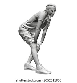 Man model in t-shirt, shorts and sneakers isolated on white background. The man bent his hands to his knees. 3D. Vector illustration