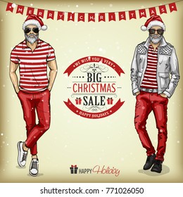 Man models with Santa hats