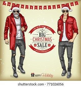 Man models with Santa hats