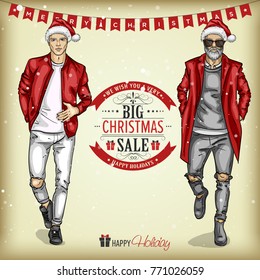 Man models with Santa hats