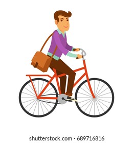 Man in modern clothes with big leather bag rides bicycle