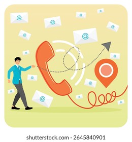 A man and modern communication methods with icons like a phone, email, and location pin. Symbolizing connectivity and information exchange. Contact us concept.