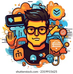 Man in the modern information world. Vector illustration