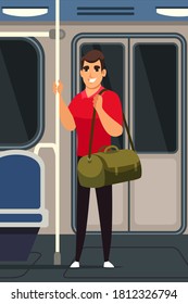 Man in modern underground train with baggage. Passenger inside metro cabin on commute. Guy standing in city public transport, travelling subway vector illustration.