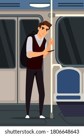 Mann in der modernen U-Bahn mit Telefon. Passagiere in der U-Bahn-Kabine auf dem Pendelweg. Guy stehend in city public transport, reise U-Bahn Vektorgrafik.