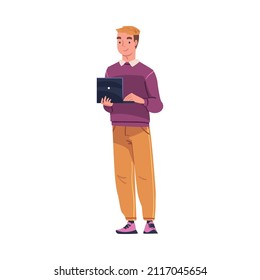 Man as Modern University Student Standing with Laptop Vector Illustration