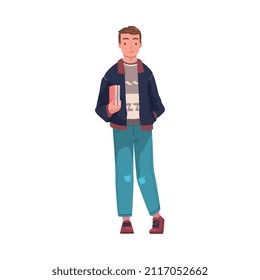 Man as Modern University Student Standing with Book Vector Illustration