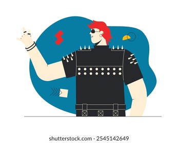 Un hombre con cabello mohawk vistiendo una camisa negra con Botones, pantalones negros con hebillas, usando gafas, aretes, también pulseras en las muñecas, enérgico, elegante, Ilustración vectorial rock n 'roll.