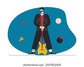 Hombre con peinado mohawk y barba, con collar de acento de uñas, chaqueta negra, camiseta roja, pantalones negros y zapatillas, llevando Ilustración vectorial amarilla, rock n' roll.