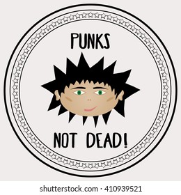 A man with a mohawk in the round frame simulating a stamp with stars. And the inscription "Punks not dead!". Light background.