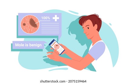 Man with mole test online in smartphone app vector illustration. Cartoon male patient using phone to identify benign or malignant nevus, scanning mole. Healthcare technology, dermatology concept