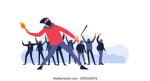 Man with Molotov cocktail on the streets of the city against the background of aggressive teenage protesters in a mask and hood, holding and raising their fists. Flat characters vector illustration.