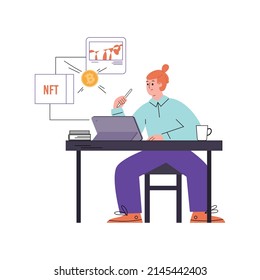 Man monetizes his creativity by creating unique crypto digital asset. NFT or non-fungible token and cryptocurrency, flat vector illustration isolated on white background.