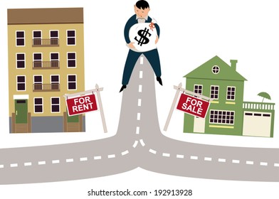 Man with a money bag standing on a crossroad, deciding to rent an apartment or to buy a house, vector illustration