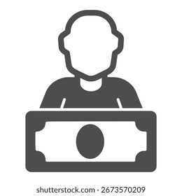 Mann und Geld bar solides Symbol, Gehaltszahlungskonzept, Person mit Dollar-Banknoten-Vektorzeichen auf weißem Hintergrund, Glyphe-Stil-Symbol für mobiles Konzept und Web-Design. Vektorgrafiken