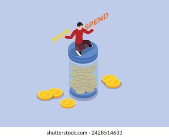 Hombre con decisiones de dinero ahorrando o gastando ilustración vectorial isométrica 3d