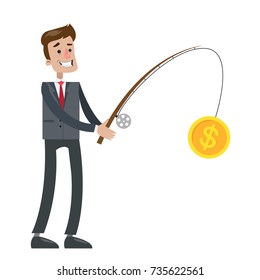 Man money fishing with rod and golden coin.