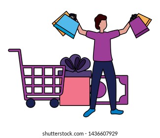 man money gift cart shopping bags commerce vector illustration