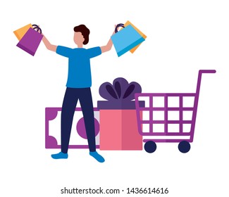 man money gift cart shopping bags commerce vector illustration