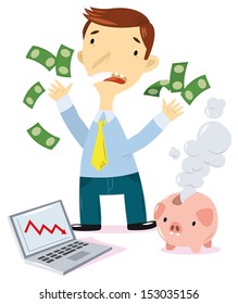 a man with money in hand is sad because his savings have gone up in smoke