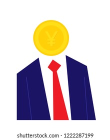 Man with a Money as a head. Vector illustration of yen currency coin person. You are what you eat. Money man concept.