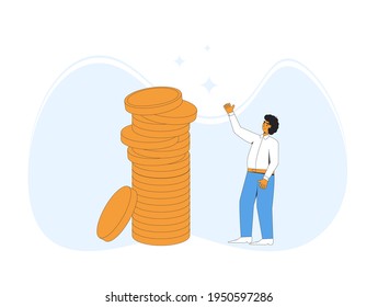 Man with money. Male character standing with huge stack of coins. Adult person with income. Vector color line art illustration.