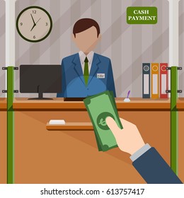 Man with the money standing at the cash payment window. Vector illustration. 