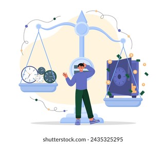 Man with money or time. Man stands near weights with safe and clocks. Balance in life. Financial literacy and passive income. Businessman and entrepreneur. Cartoon flat vector illustration