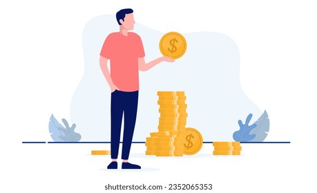 Man with money - Vector illustration of relaxed casual man with hand in pocket holding dollar coin and making money. Flat design with white background