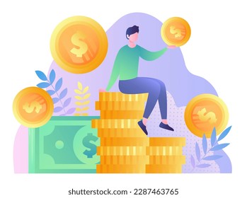 Mann mit Geld. Junge Junge, die auf Goldmünzen in der Nähe der Banknote saßen. Finanzkompetenz und passives Einkommen, Einkommen. Erfolgreicher Unternehmer oder Investor, reicher Mensch. Cartoon-Flavektor-Vektorgrafik