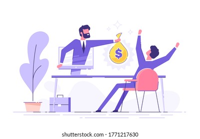 A man from a monitor holds out a bag of money to a happy man. Concept of earnings on the Internet, online income, gambling. Modern vector illustration.
