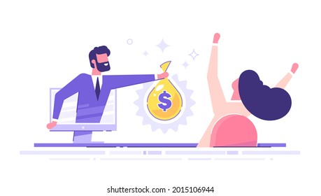 A man from a monitor holds out a bag of money to a happy woman. Concept of earnings on the Internet, online income, gambling. Modern vector illustration.