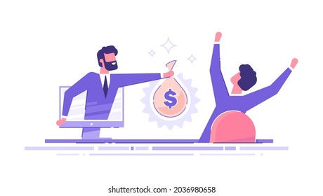 A man from a monitor holds out a bag of money to a happy man. Concept of earnings on the Internet, online income, lottery, gambling. Modern vector illustration.
