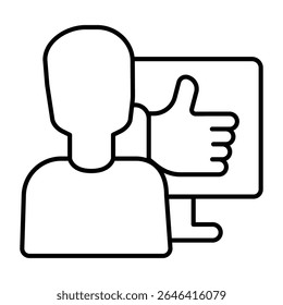 Man and monitor with thumb up hand thin line icon, neural dataset concept. Vector graphics. User positive feedback data sign on white background, style mobile or design