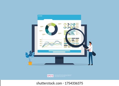 Man Monitoring analysis report statistics, investment or website SEO screen PC concept . Tiny person looking at monitor. business people and stock market database, information graph illustration