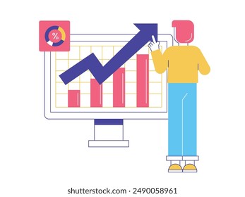 Man is monitoring his business star up increase graph, digital data. Vector flat illustration