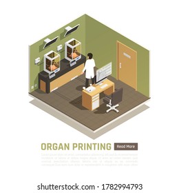 Man monitoring two 3d printers printing human brain models isometric composition vector illustration